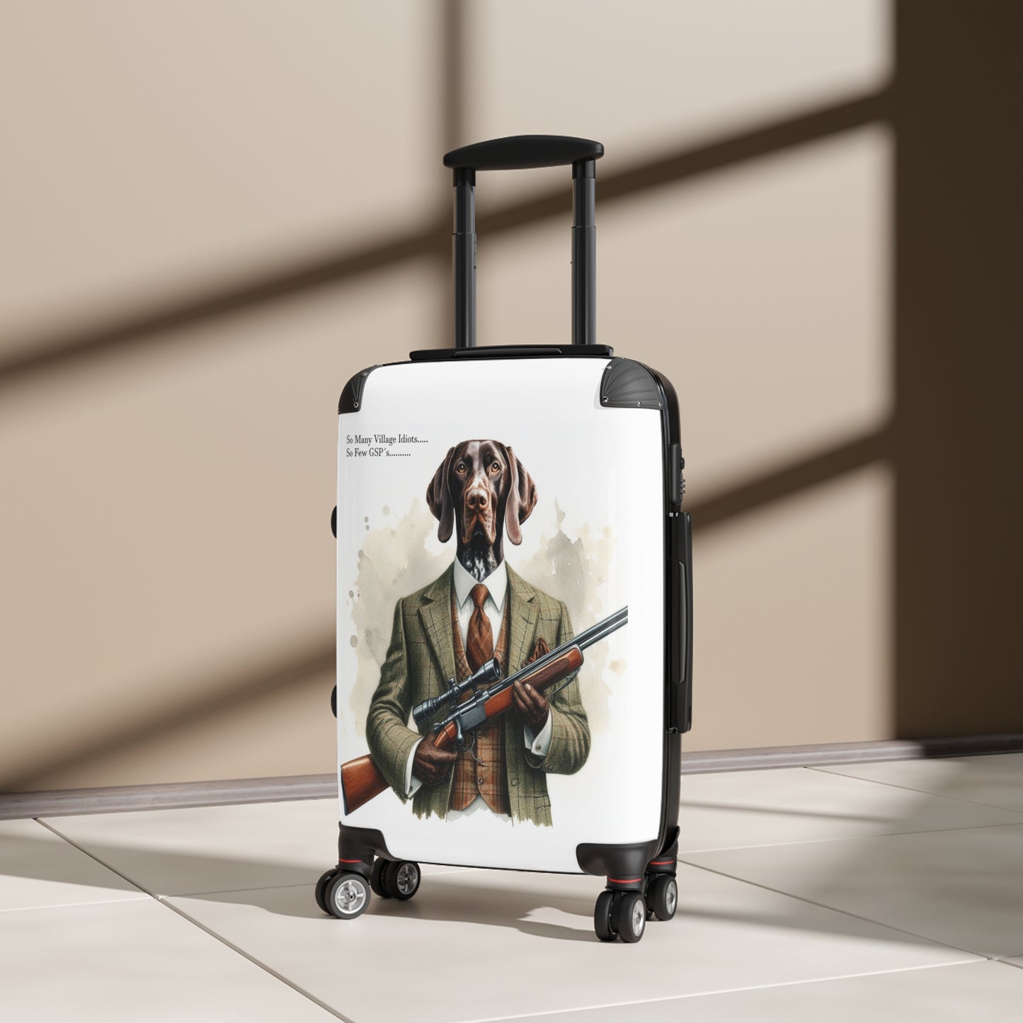 Ah, the quintessential suitcase for the discerning traveler: the “Village Idiot Deluxe.”
