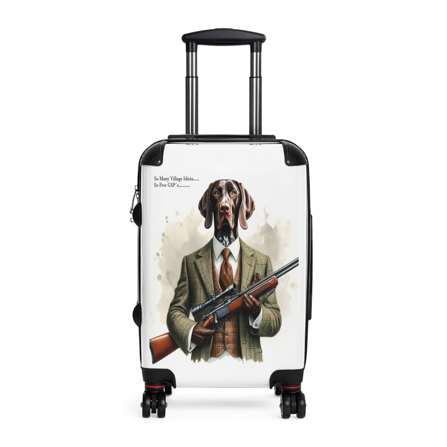 Ah, the quintessential suitcase for the discerning traveler: the “Village Idiot Deluxe.”
