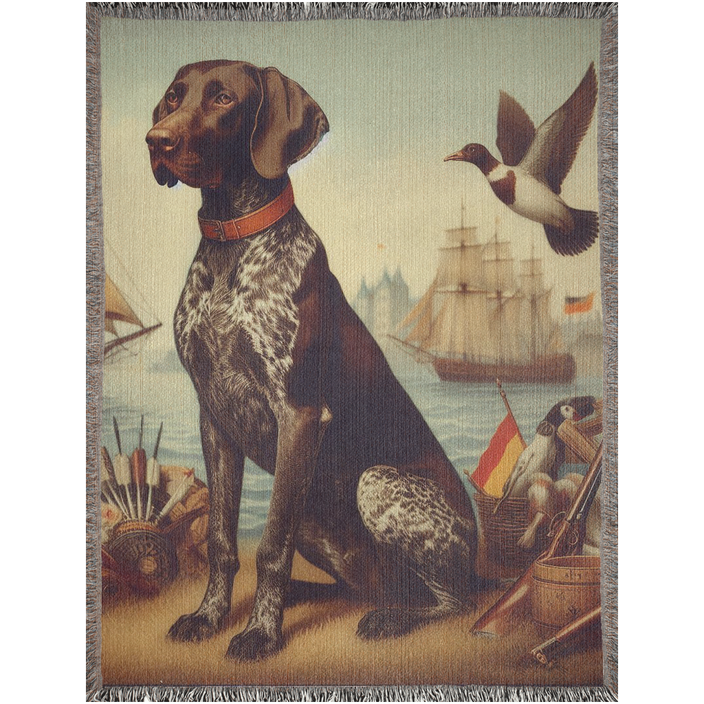 Woven Blankets - Oh, behold the epitome of luxury and sophistication: a woven blanket featuring a vintage 1920s image of a GSP!